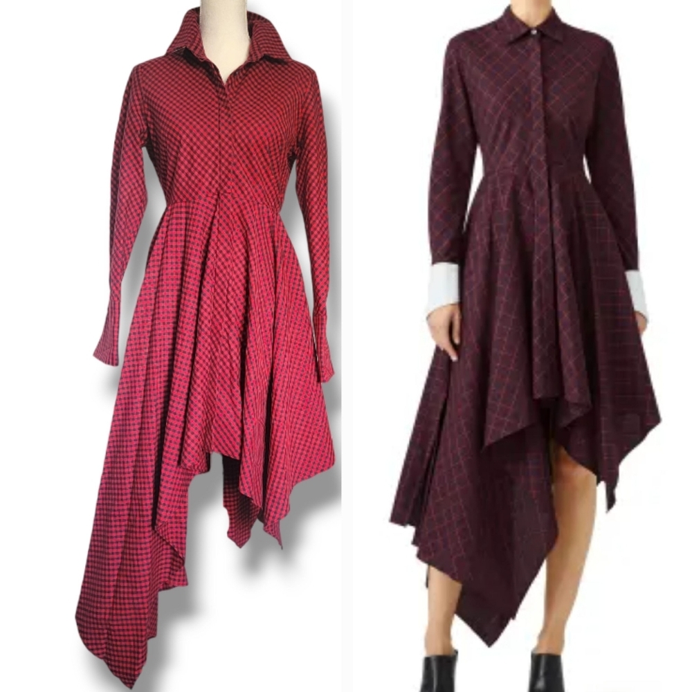 Petersyn Sutton Tartan Red Plaid Cotton Asymmetric A-line Midi Dress Size Small - Picture 3 of 15